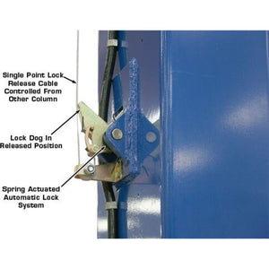 Atlas PV12PX 12,000 lb Overhead 2-Post Lift with Lock Dog in release position