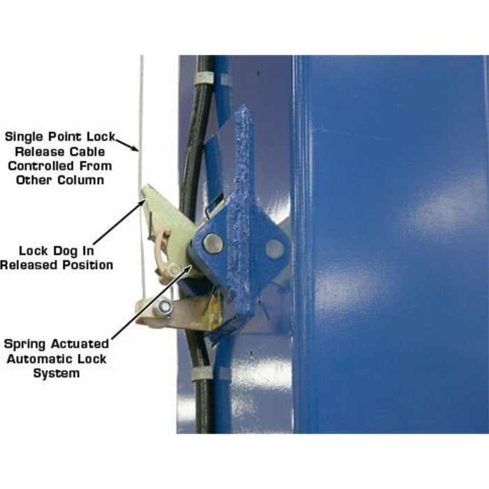 Atlas PV12PX 12,000 lb Overhead 2-Post Lift with Lock Dog in release position
