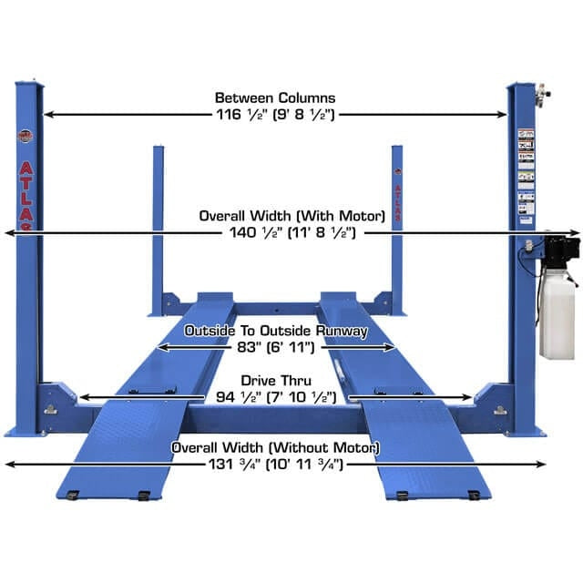 Atlas Platinum PVL14 ALI Certified 14,000 lb 4 Post Lift dimensions