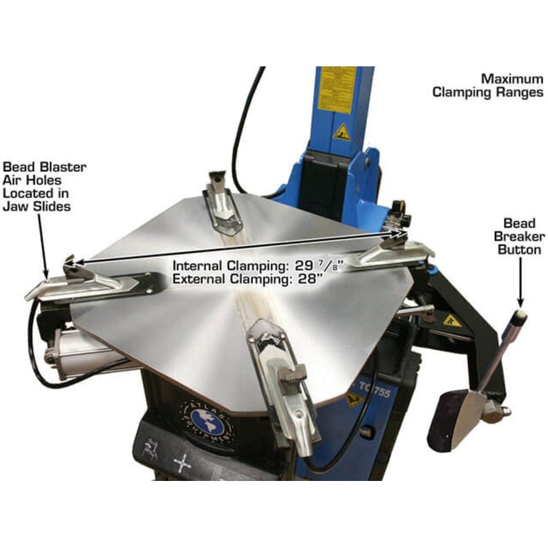 Atlas TC755 Tilt-Back Rim-Clamp Tire Changer w/ Beadblaster with maximum clamping range