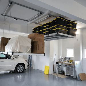 Auxx-Lift Motorized Garage Storage Platform with boxes