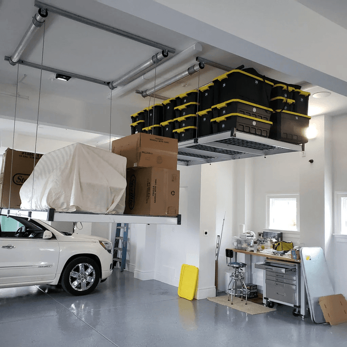 Auxx-Lift Motorized Garage Storage Platform with boxes