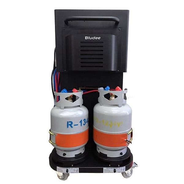 Bludee AC400D Auto Recovery Recycle Recharge Dual Machine for both R134A and R1234yf Refrigerant in rear view