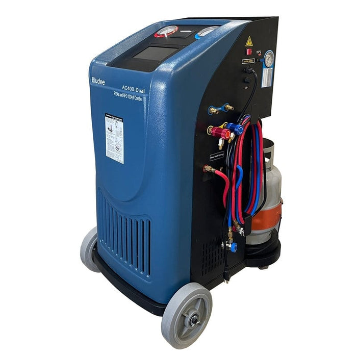 Bludee AC400D Auto Recovery Recycle Recharge Dual Machine for both R134A and R1234yf Refrigerant in right view