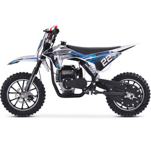 A side profile shot of the MotoTec Demon 40cc 4-Stroke Kids Gas Dirt Bike by MotoTec, featuring black and white design with blue accents and the number 22. Perfect for off-road riding.