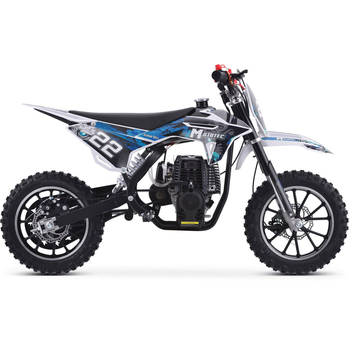 Side view of a MotoTec Demon 40cc 4-Stroke Kids Gas Dirt Bike in black and white with the number 22 on its side and knobby tires, perfect for off-road riding.