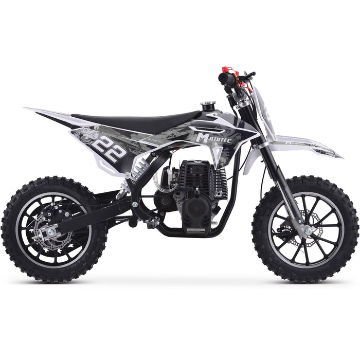 A MotoTec Demon 40cc 4-Stroke Kids Gas Dirt Bike, featuring a black and white design with the number 22 on the side in profile view, perfect for off-road riding.