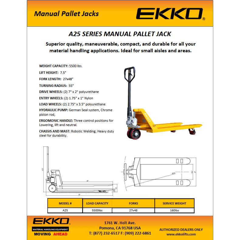 KKO A25 Manual Pallet Jack 5500lbs., Capacity