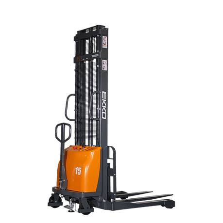 EKKO EA15A-118 3300lbs. Semi-Electric Straddle Stacker facing the left