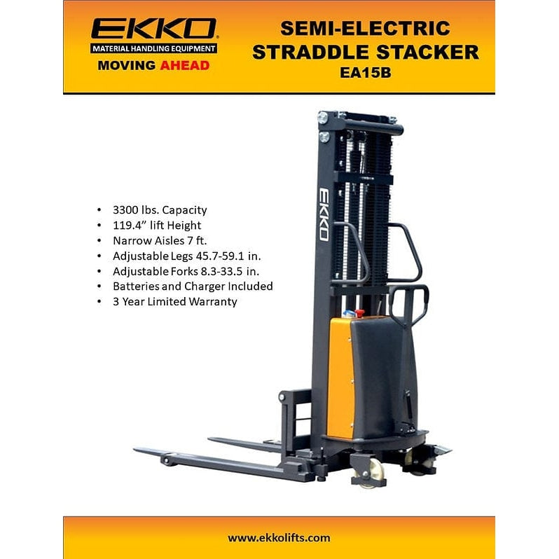 EKKO EA15B Semi-Electric Straddle Stacker 3300lbs. Cap., 119.4" Height - Features