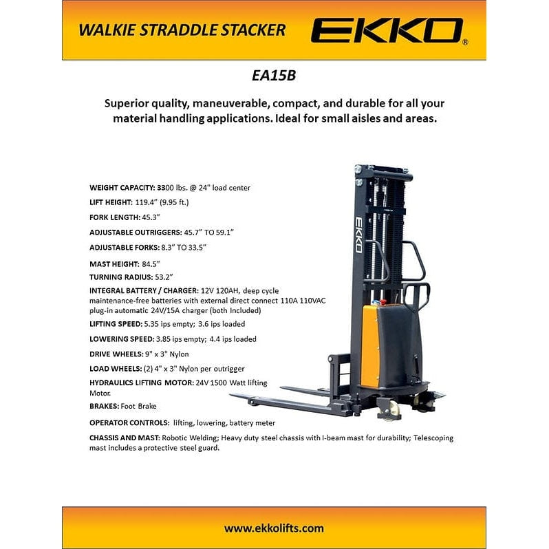 EKKO EA15B Semi-Electric Straddle Stacker 3300lbs. Cap., 119.4" Height-specifications