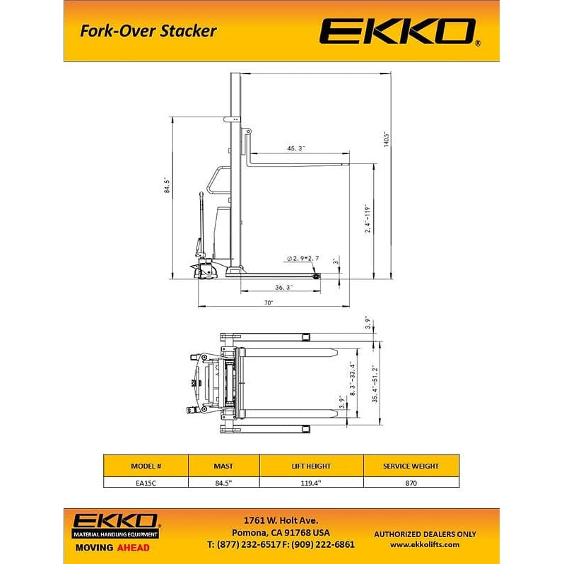 EKKO EA15C Semi-Electric Fork-Over Stacker 3300lbs. Cap., 119.3" Height-brochure