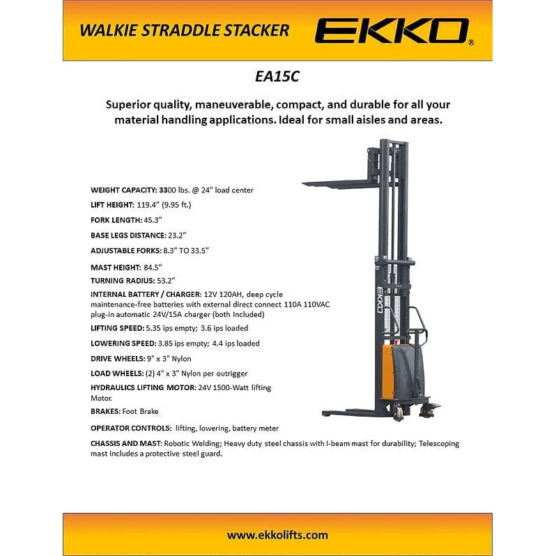 EKKO EA15C Semi-Electric Fork-Over Stacker 3300lbs. Cap., 119.3" Height-specifications