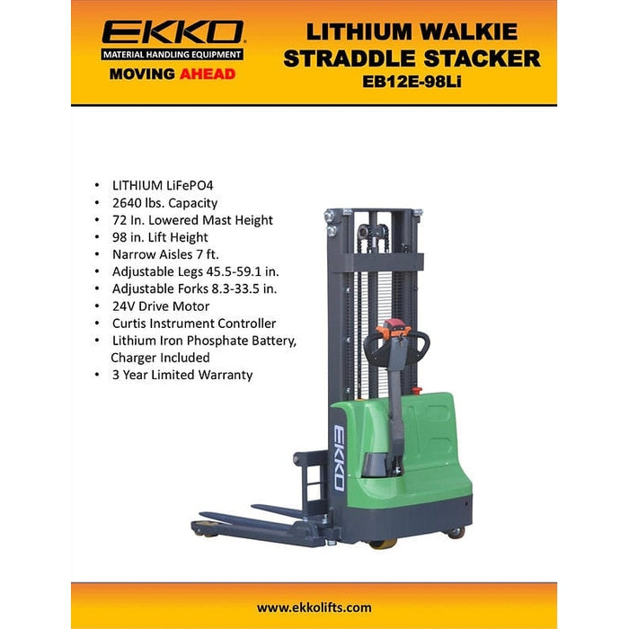 EKKO EB12E-98Li Lithium Iron Phosphate Straddle Stacker 72"Mast, 98" Lift- Product Features