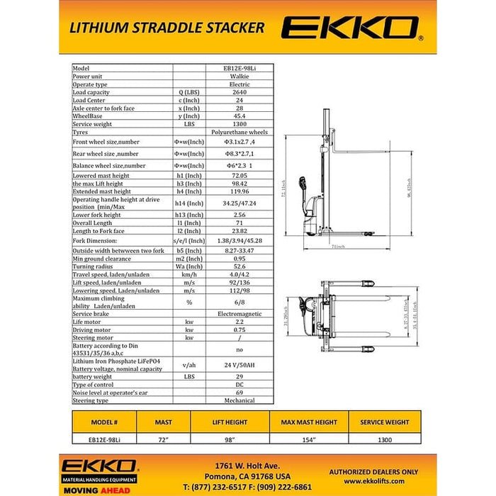 EKKO EB12E-98Li Lithium Iron Phosphate Straddle Stacker 72"Mast, 98" Lift
