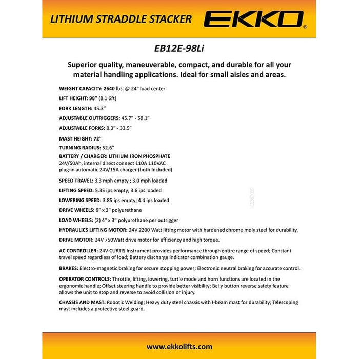 EKKO EB12E-98Li Lithium Iron Phosphate Straddle Stacker 72"Mast, 98" Lift- specifications
