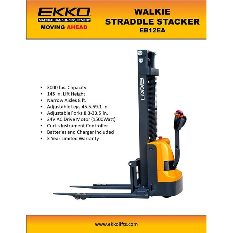 EKKO EB12EA Full Powered Straddle Stacker 3000 lb Cap., 145.67" Height-Features
