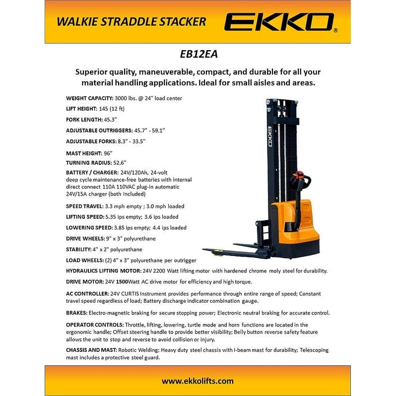 EKKO EB12EA Full Powered Straddle Stacker 3000 lb Cap., 145.67" Height-specifications