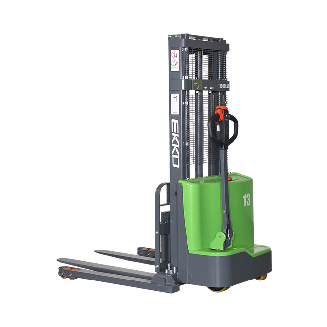 EKKO EB13C-98Li 2800 lb Lithium Straddle Stacker in side view