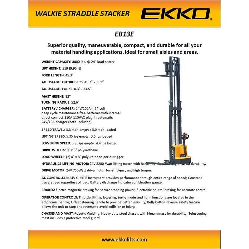 EKKO EB13E-138 Full Powered Straddle Stacker 2800 lb Cap., 138" Height-Features