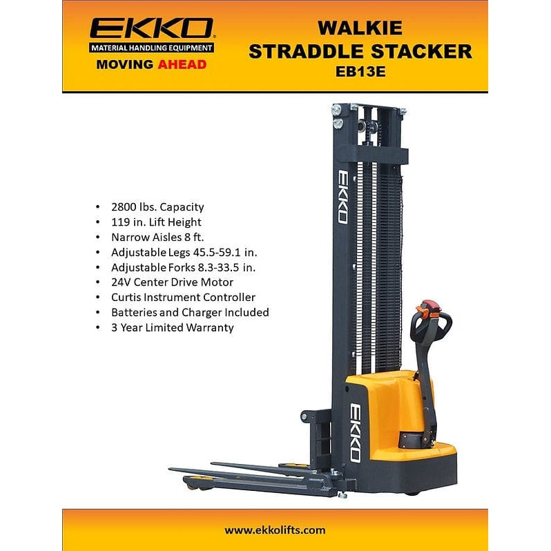 EKKO EB13E-138 Full Powered Straddle Stacker 2800 lb Cap., 138" Height-Product Features