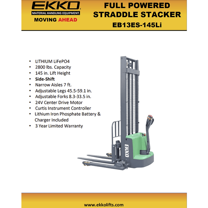 EKKO EB13ES-145Li Full Powered Straddle Stacker 2640 lb Cap., 145" Height - Features