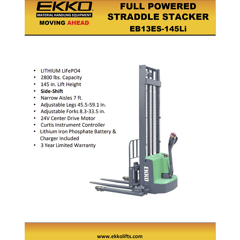 EKKO EB13ES-145Li Full Powered Straddle Stacker 2640 lb Cap., 145" Height - Features