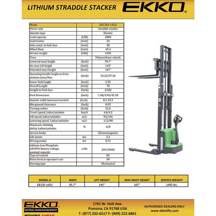 EKKO EB13ES-145Li Full Powered Straddle Stacker 2640 lb Cap., 145" Height- specifications