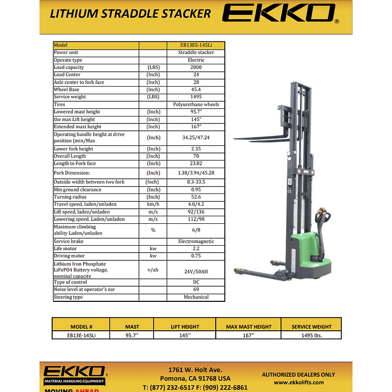 EKKO EB13ES-145Li Full Powered Straddle Stacker 2640 lb Cap., 145" Height- specifications