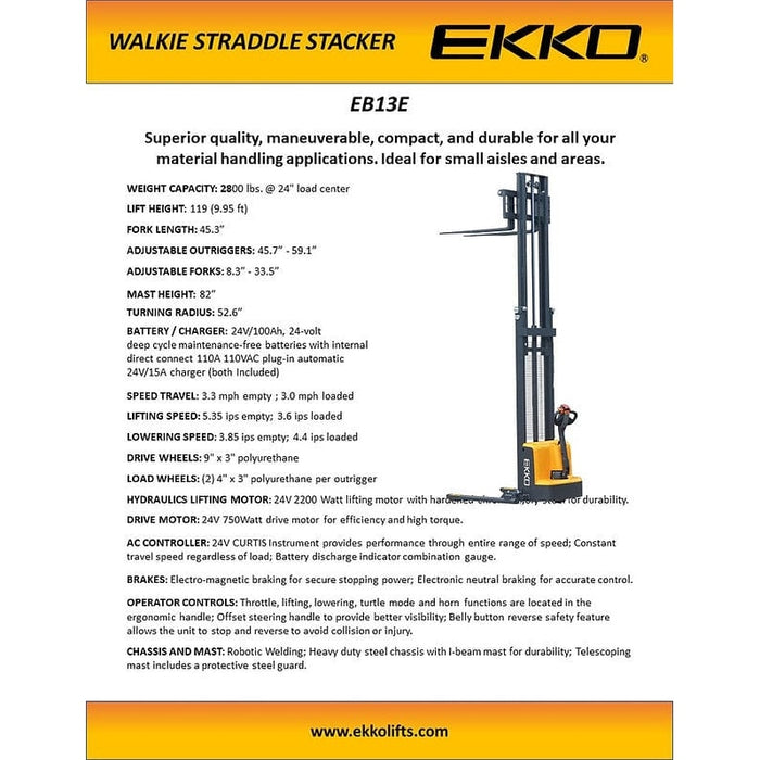 EKKO EB13E Full Powered Straddle Stacker 2800 lb Cap., 119" Height- specifications