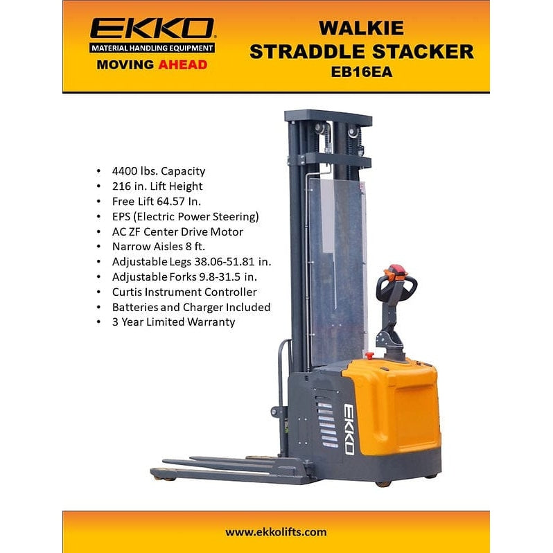 EKKO EB16EA Full Powered Straddle Stacker 4400 lb Cap., 216" Height -Features
