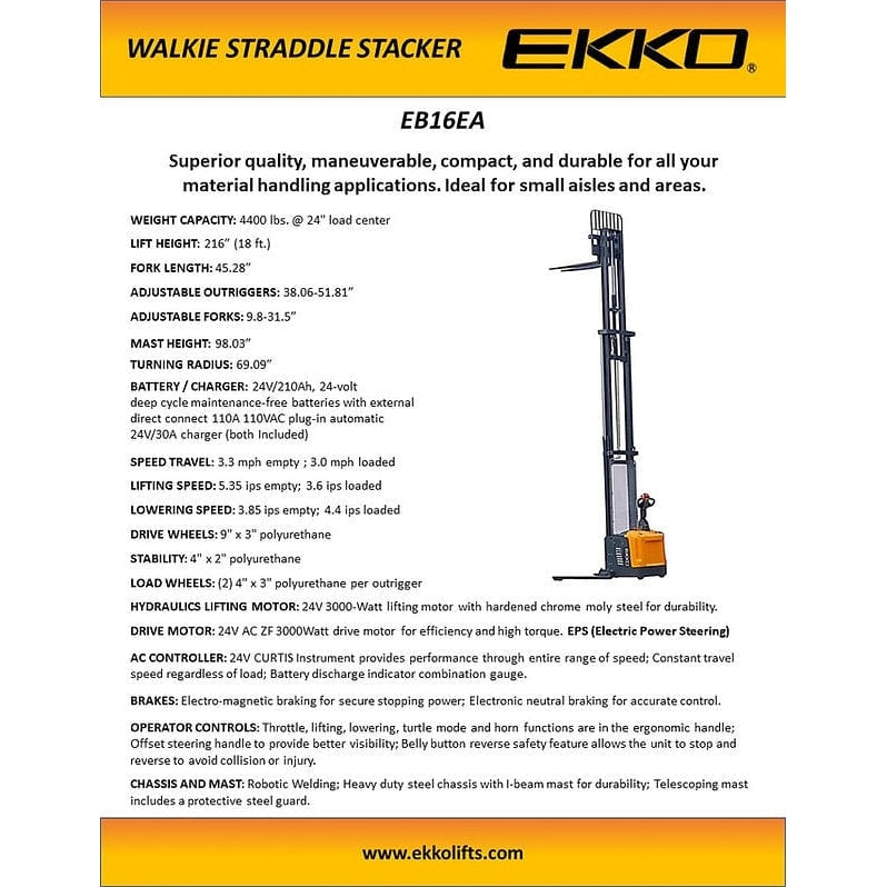 EKKO EB16EA Full Powered Straddle Stacker 4400 lb Cap., 216" Height - specifications
