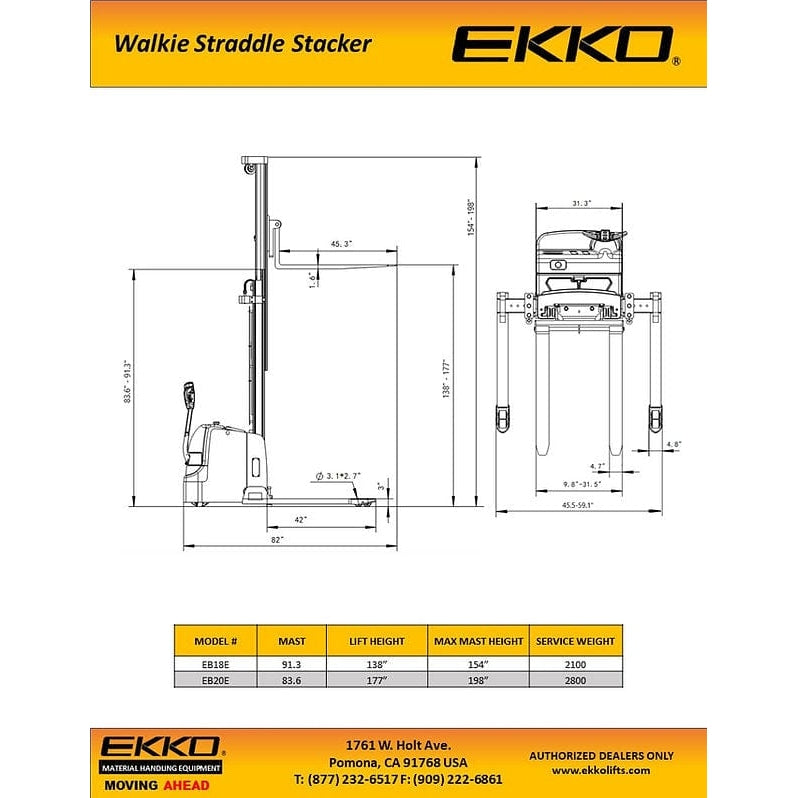 EKKO EB18E Full Powered Straddle Stacker 4000 lb Cap., 138" Height - specifications