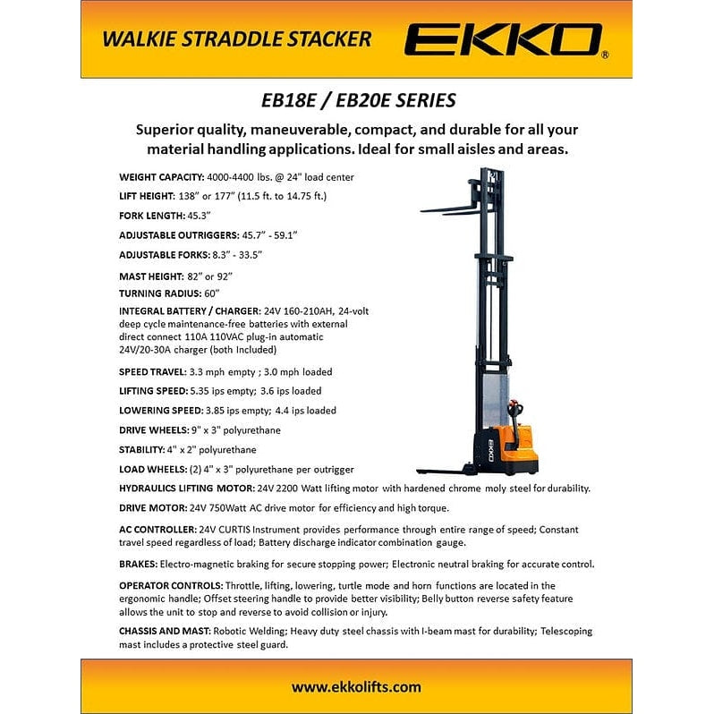 EKKO EB18E Full Powered Straddle Stacker 4000 lb Cap., 138" Height - specifications