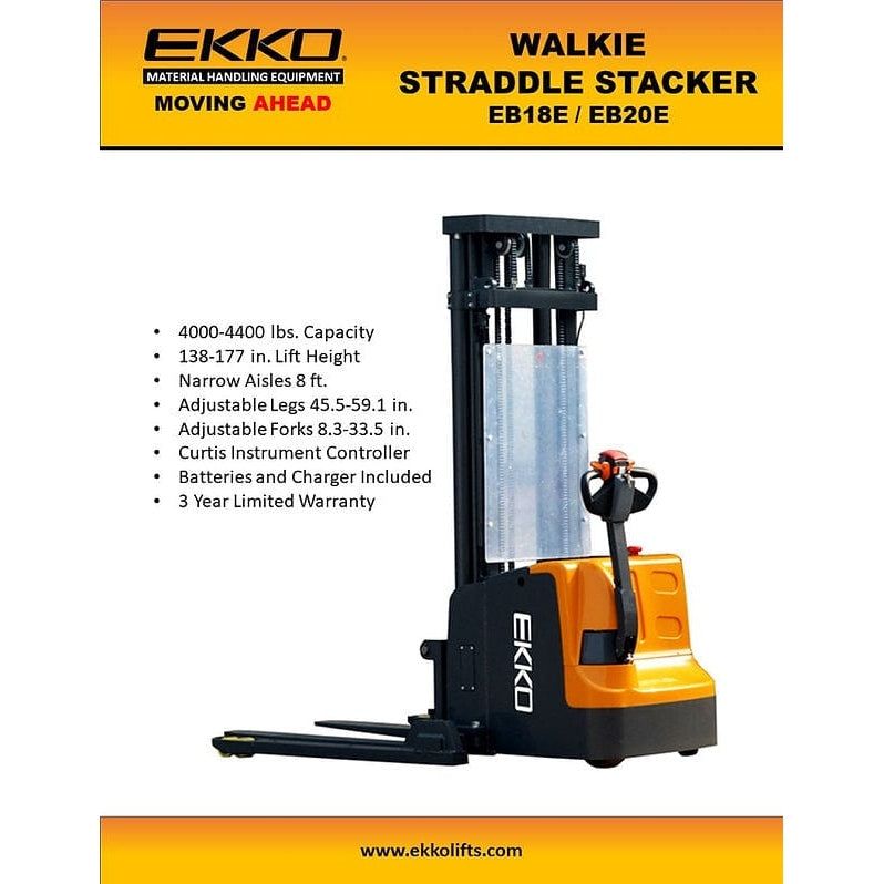 EKKO EB20E Full Powered Straddle Stacker 4400 lb Cap., 177" Height- Features