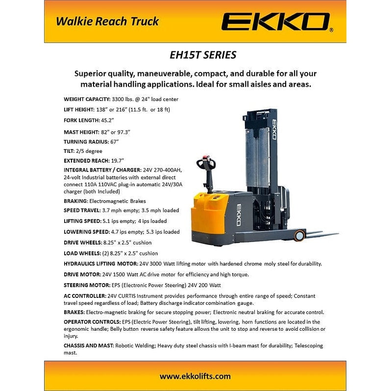 EKKO EH15TH Moving Mast Walkie Reach Truck 3300 lb Cap., 216" Height-Features