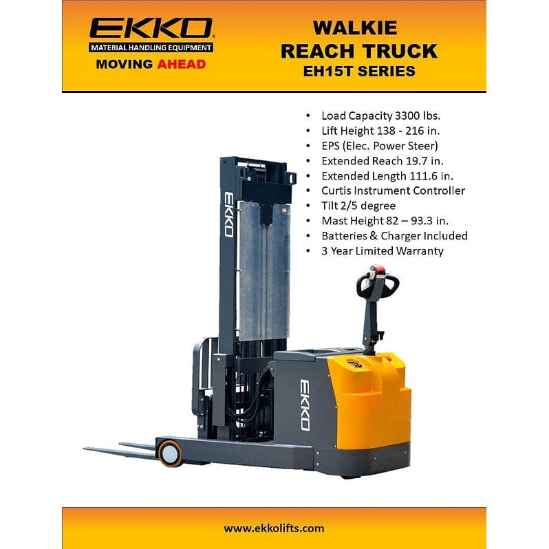 EKKO EH15TH Moving Mast Walkie Reach Truck 3300 lb Cap., 216" Height- Product Features
