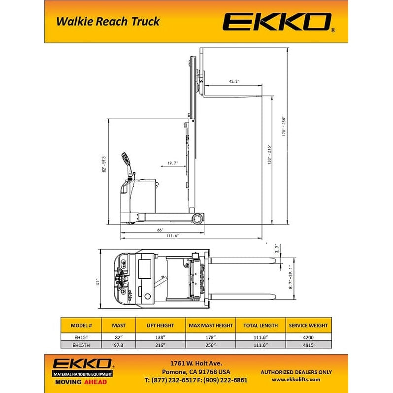 EKKO EH15TH Moving Mast Walkie Reach Truck 3300 lb Cap., 216" Height- specifications