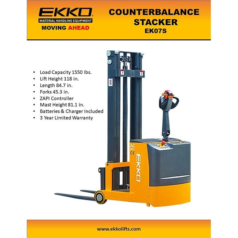 EKKO EK07S Counterbalance Walkie Stacker 1550lbs. Cap., 118" Height- Product Features