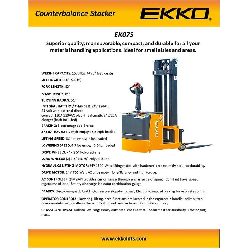 EKKO EK07S Counterbalance Walkie Stacker 1550lbs. Cap., 118" Height- specifications