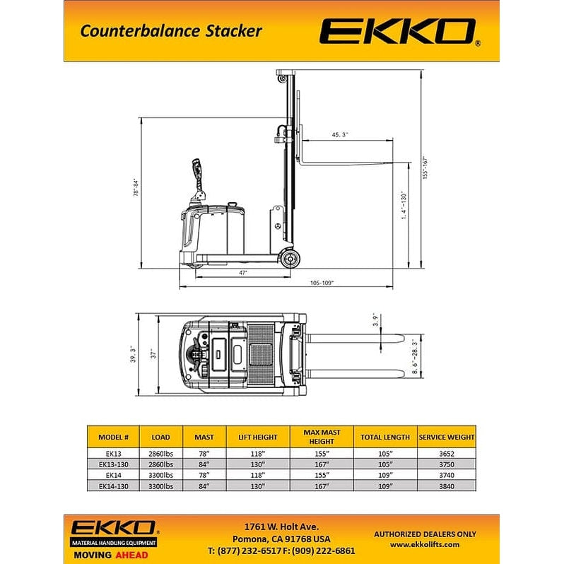 EKKO EK14-130 Counterbalanced Walkie Stacker 3300 lb Cap., 130" Height specifications