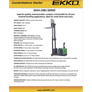 EKKO EK14-130Li Counterbalanced Walkie Stacker-specifications