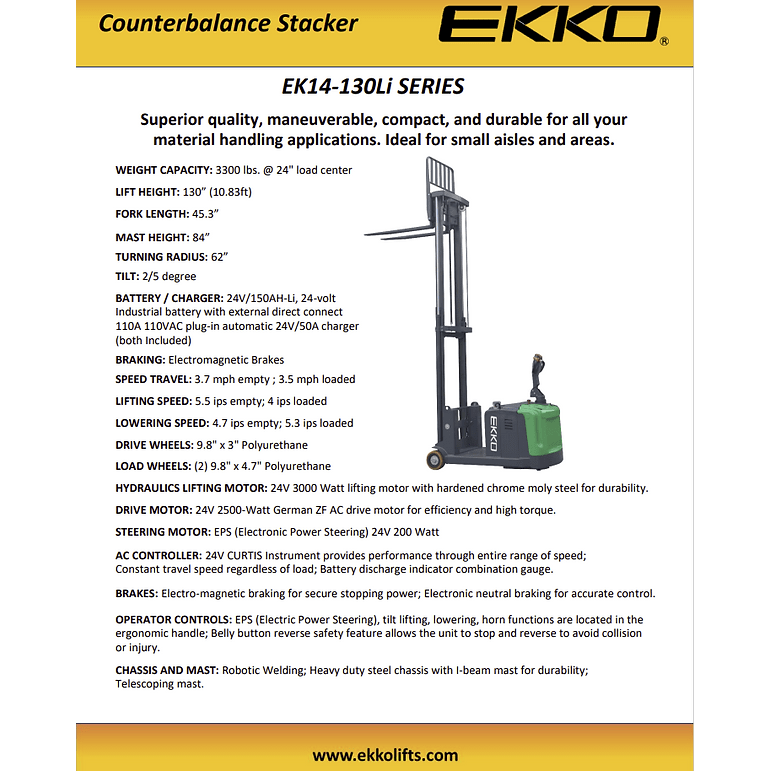 EKKO EK14-130Li Counterbalanced Walkie Stacker-specifications