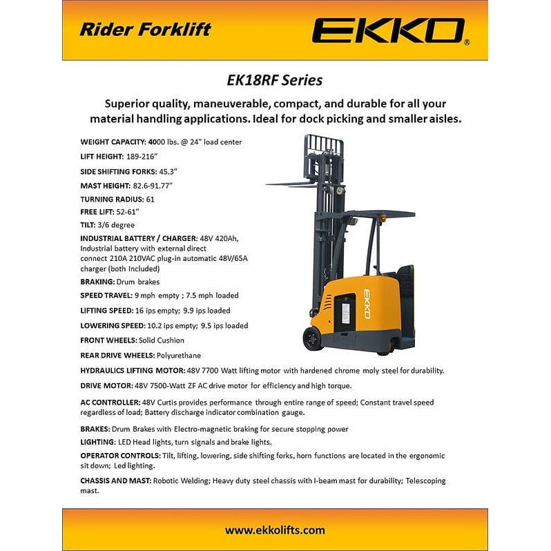 EKKO EK18RF Stand-up Rider Forklift, 4000 lb Cap., 216" Lift Ht. 48V- specifications