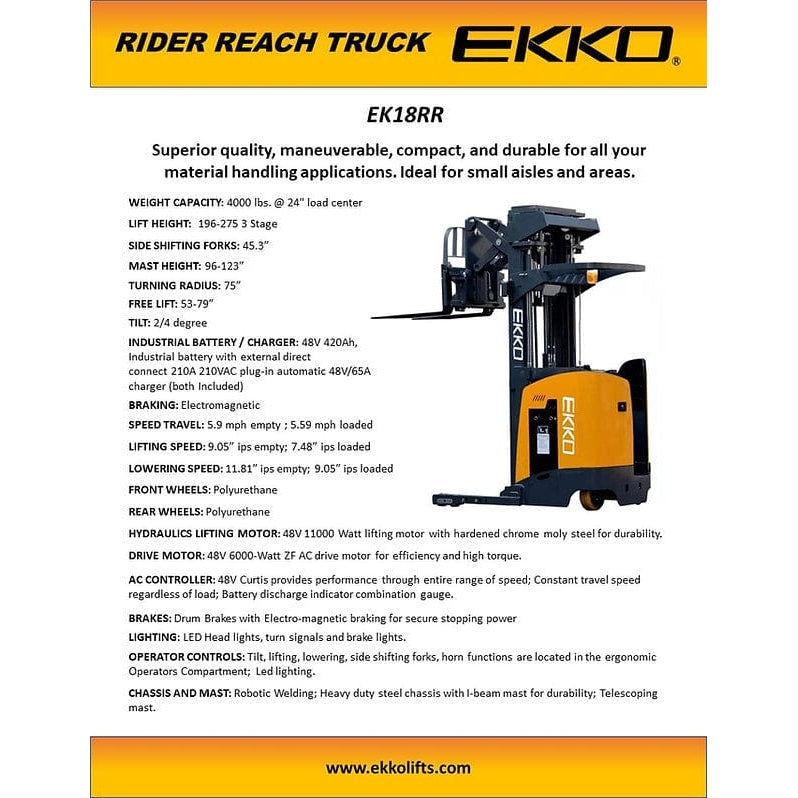 EKKO EK18RR Stand-Up NA Reach Truck 4000 lb Cap., 275"Lift Ht. -specifications