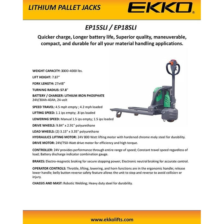 EKKO EP15SLI Pallet Jack 3300 lb Capacity - specifications