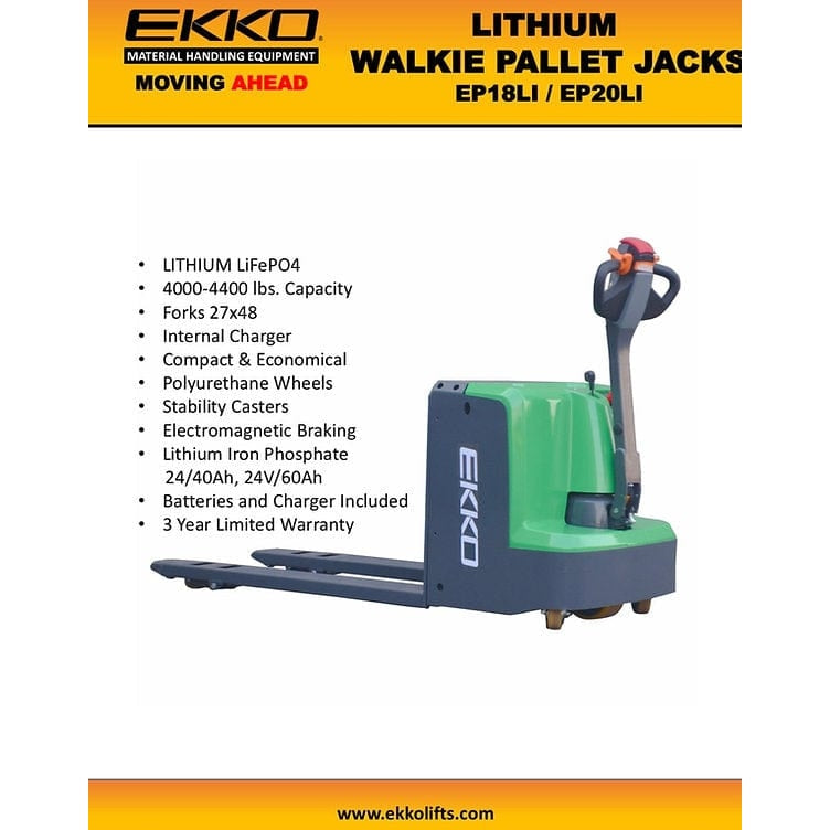 EKKO EP18LI Lithium Iron Walkie Pallet Jack 4000 lb Capacity- Product Features