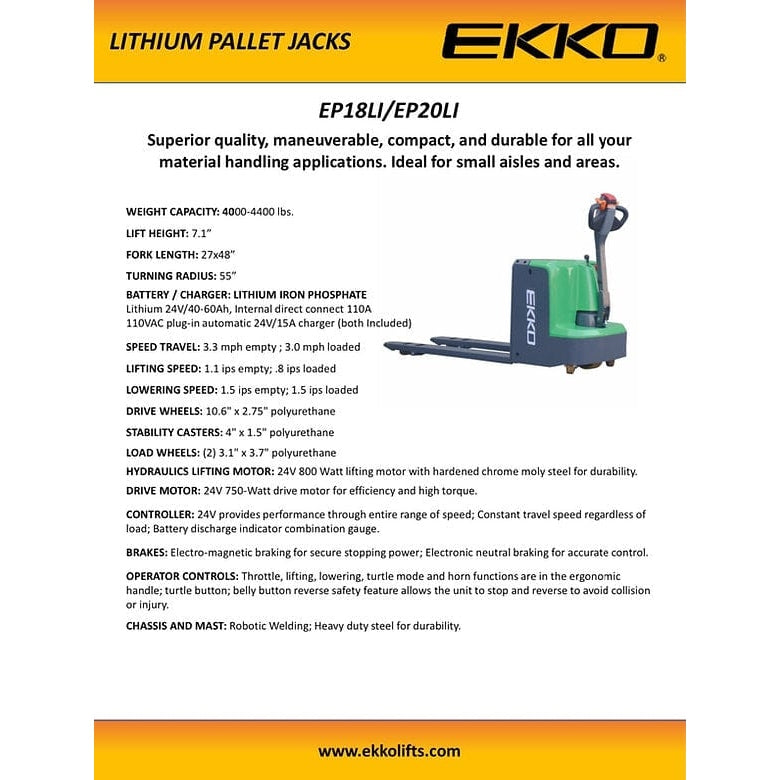 EKKO EP18LI Lithium Iron Walkie Pallet Jack 4000 lb Capacity- specifications