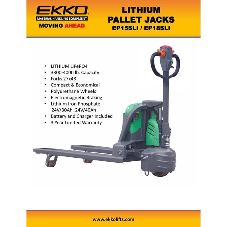 EKKO Lithium Iron Phosphate EP18SLI Pallet Jack 4000 lb Capacity- Product Features