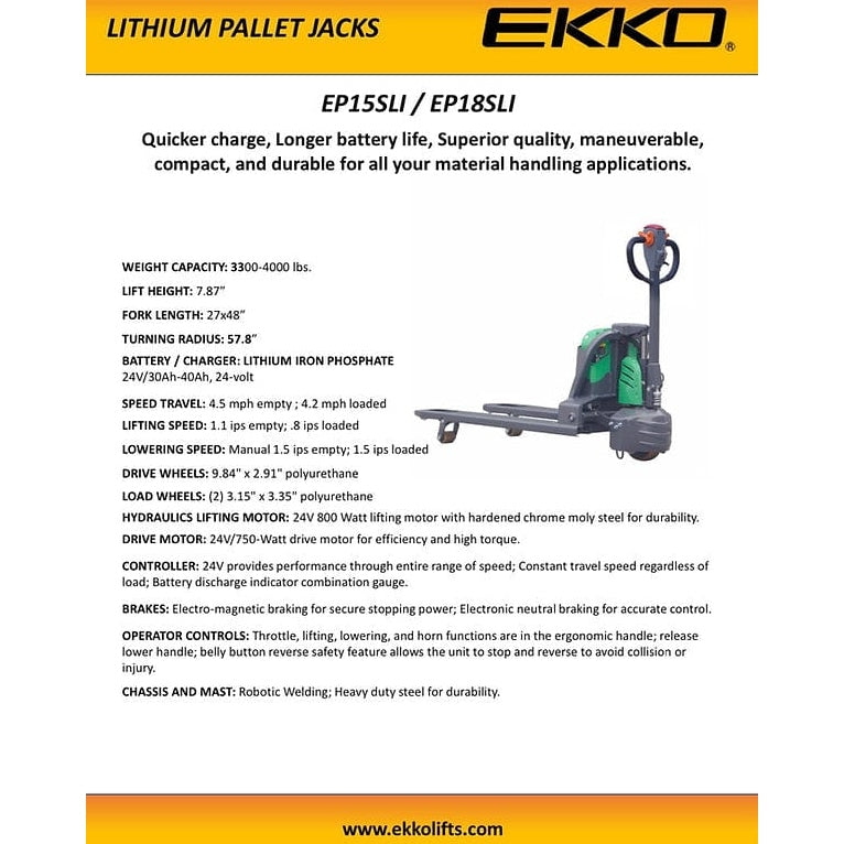 EKKO Lithium Iron Phosphate EP18SLI Pallet Jack 4000 lb Capacity- specifications